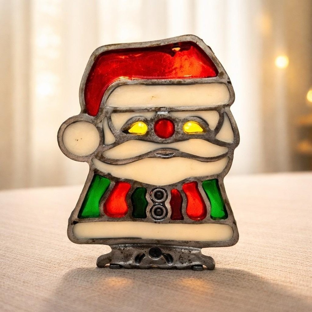 Stained Glass‎ Vintage Cast Iron Santa Claus Votive Candle Holder Christmas